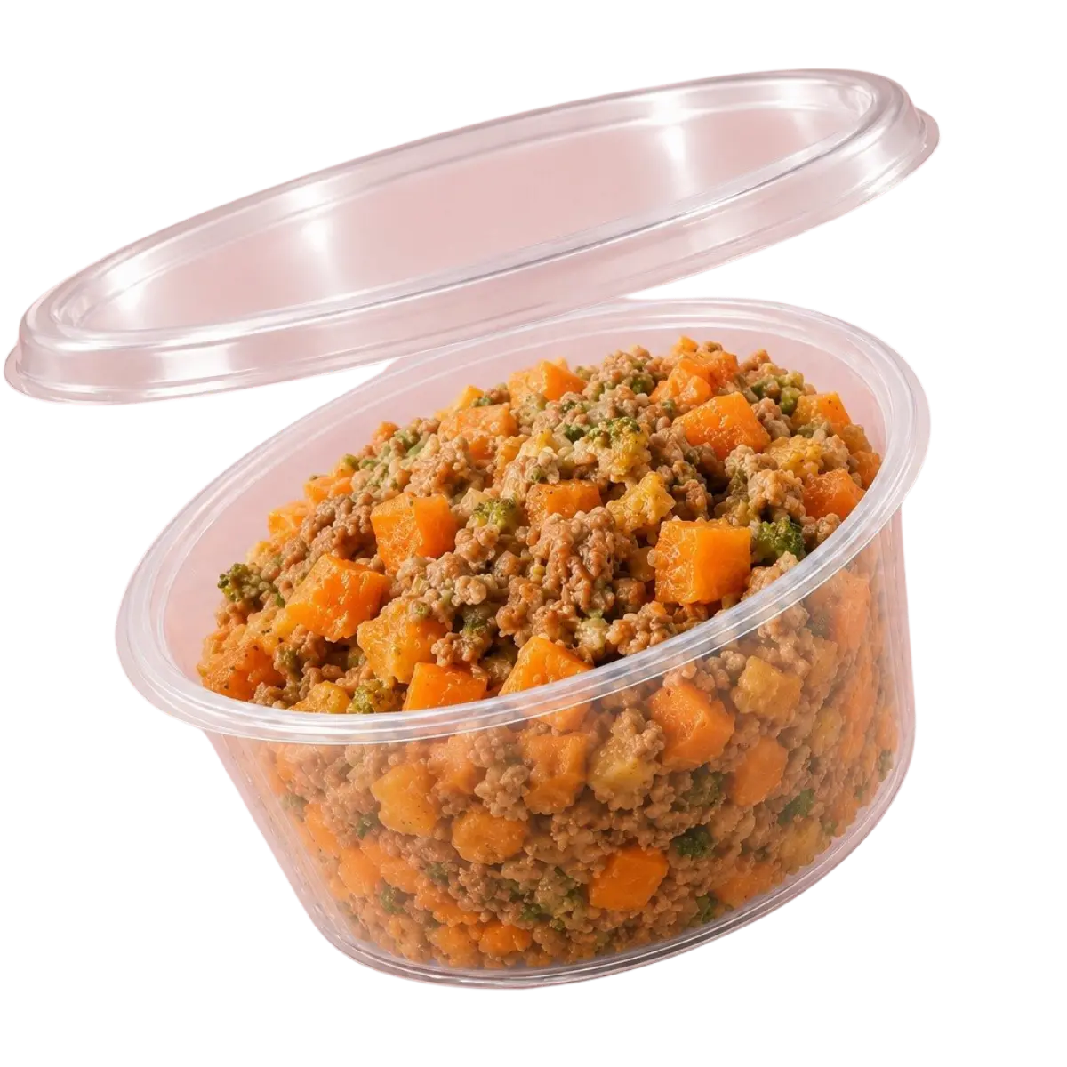 Pawporkby — fresh pork meal for dogs, in a clear cup