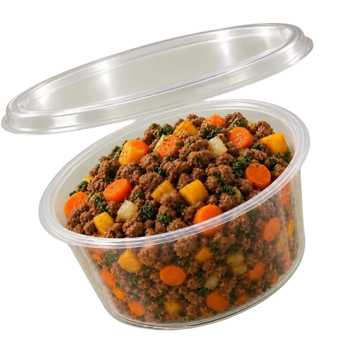 Pawbeefy — fresh beef meal for dogs, in a clear cup